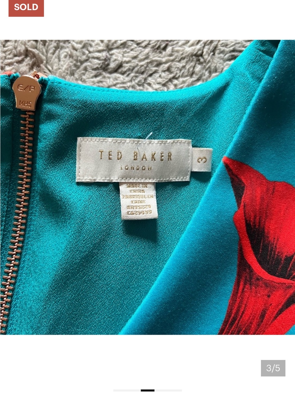 Ted Baker Teal Dress with Red Floral Print - Picture 5 of 6